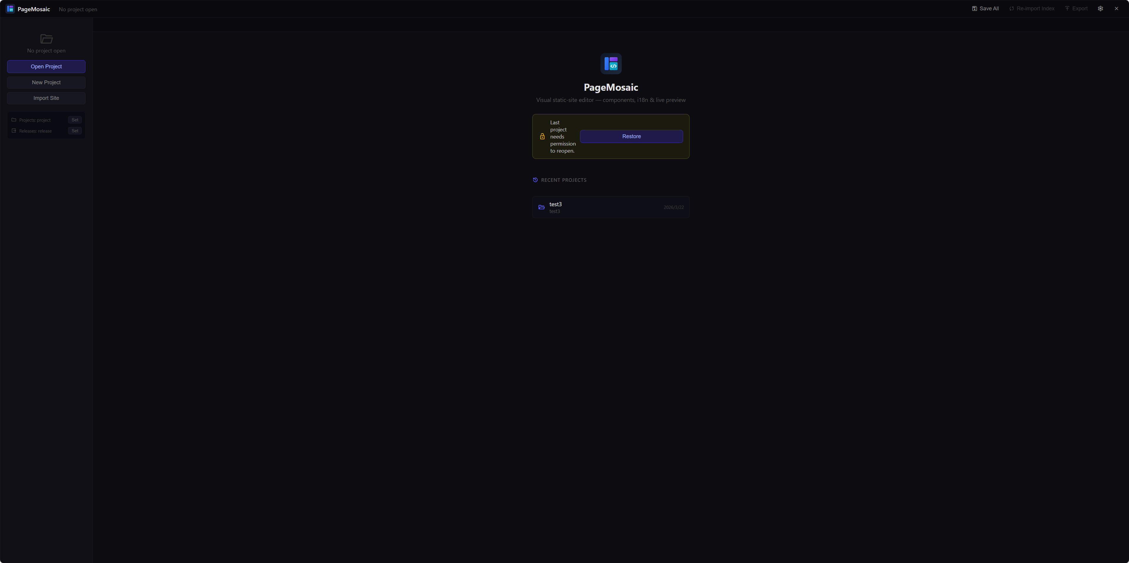 PageMosaic welcome screen